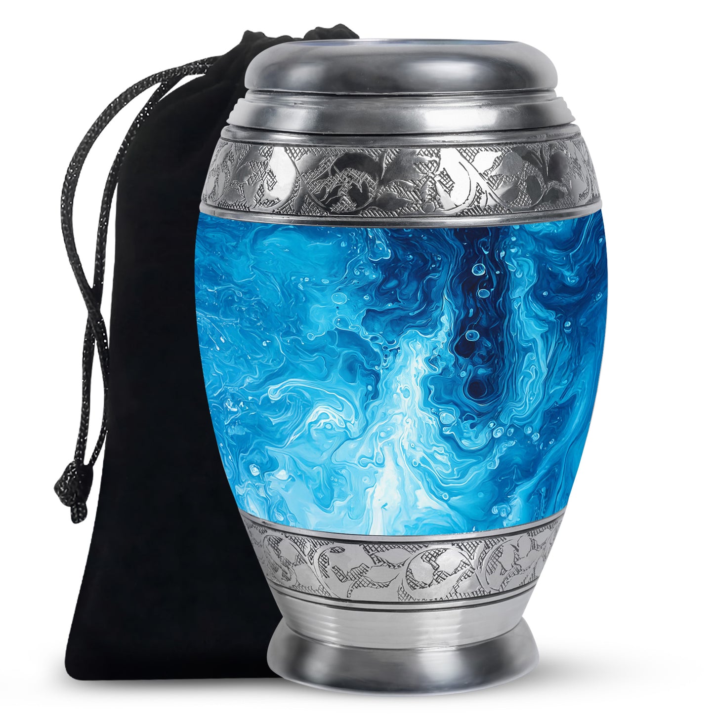 Soft Blue Blue Cremation Urn back view with polished surface - royal blue engraving with decorative scrollwork - full-size 10 inch 200 cubic inch adult cremation urn