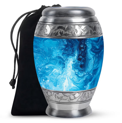 Soft Blue Blue Cremation Urn back view with polished surface - royal blue engraving with decorative scrollwork - full-size 10 inch 200 cubic inch adult cremation urn