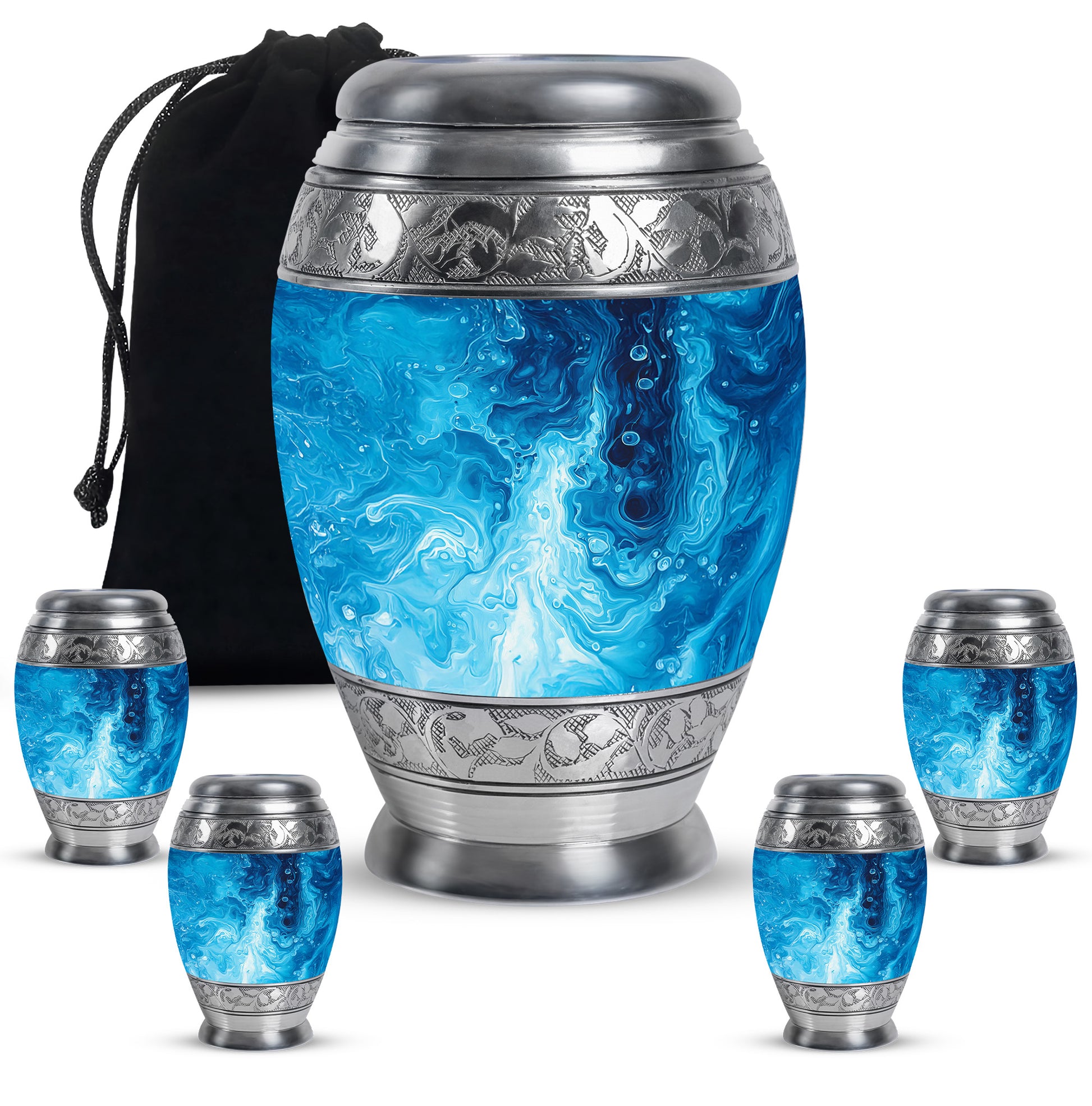 Twilight Blue Blue Cremation Urn detail view - majestic blue pattern with filigree border - memorial set with one large and four small urns