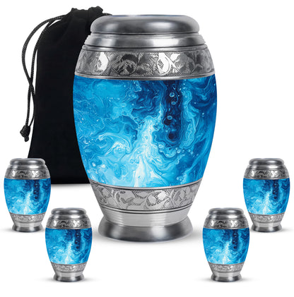 Twilight Blue Blue Cremation Urn detail view - majestic blue pattern with filigree border - memorial set with one large and four small urns