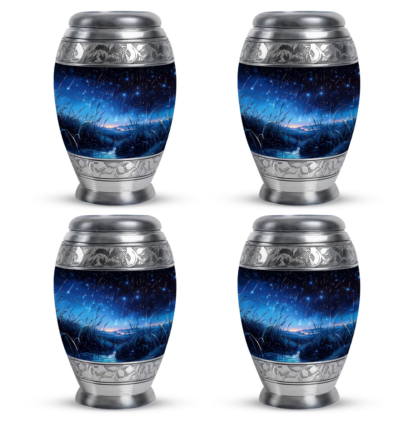 Jet Black Blue Cremation Urn urn with complimentary velvet bag - ornate monarch-style blue relief on brushed aluminum - 10 inch aluminum urn for cremated remains