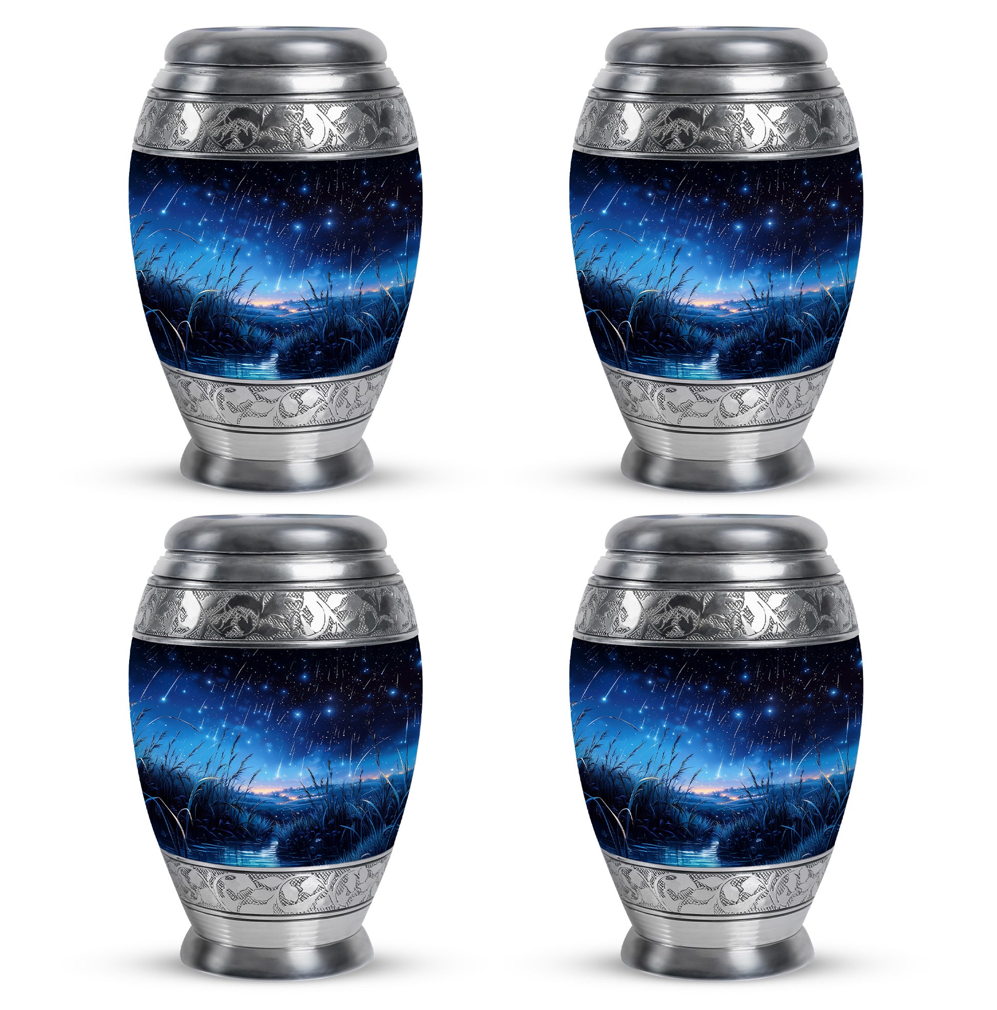 Jet Black Blue Cremation Urn urn with complimentary velvet bag - ornate monarch-style blue relief on brushed aluminum - 10 inch aluminum urn for cremated remains