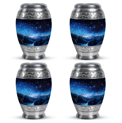 Jet Black Blue Cremation Urn urn with complimentary velvet bag - ornate monarch-style blue relief on brushed aluminum - 10 inch aluminum urn for cremated remains