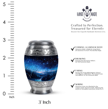 Deep Black Blue Cremation Urn lifestyle display on memorial shelf - regal blue design with crown-inspired accents - mini keepsake memorial for portion of cremation ashes