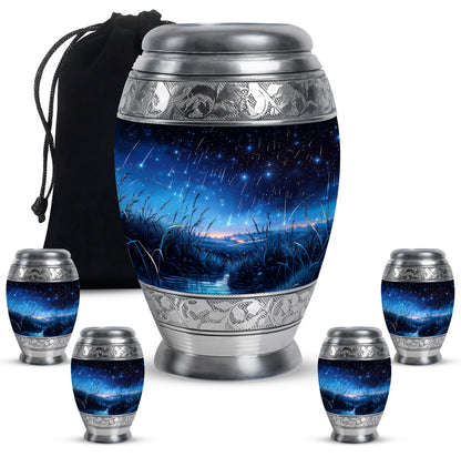 Ebony Blue Cremation Urn detail view - ornate monarch-style blue relief on brushed aluminum - memorial set with one large and four small urns