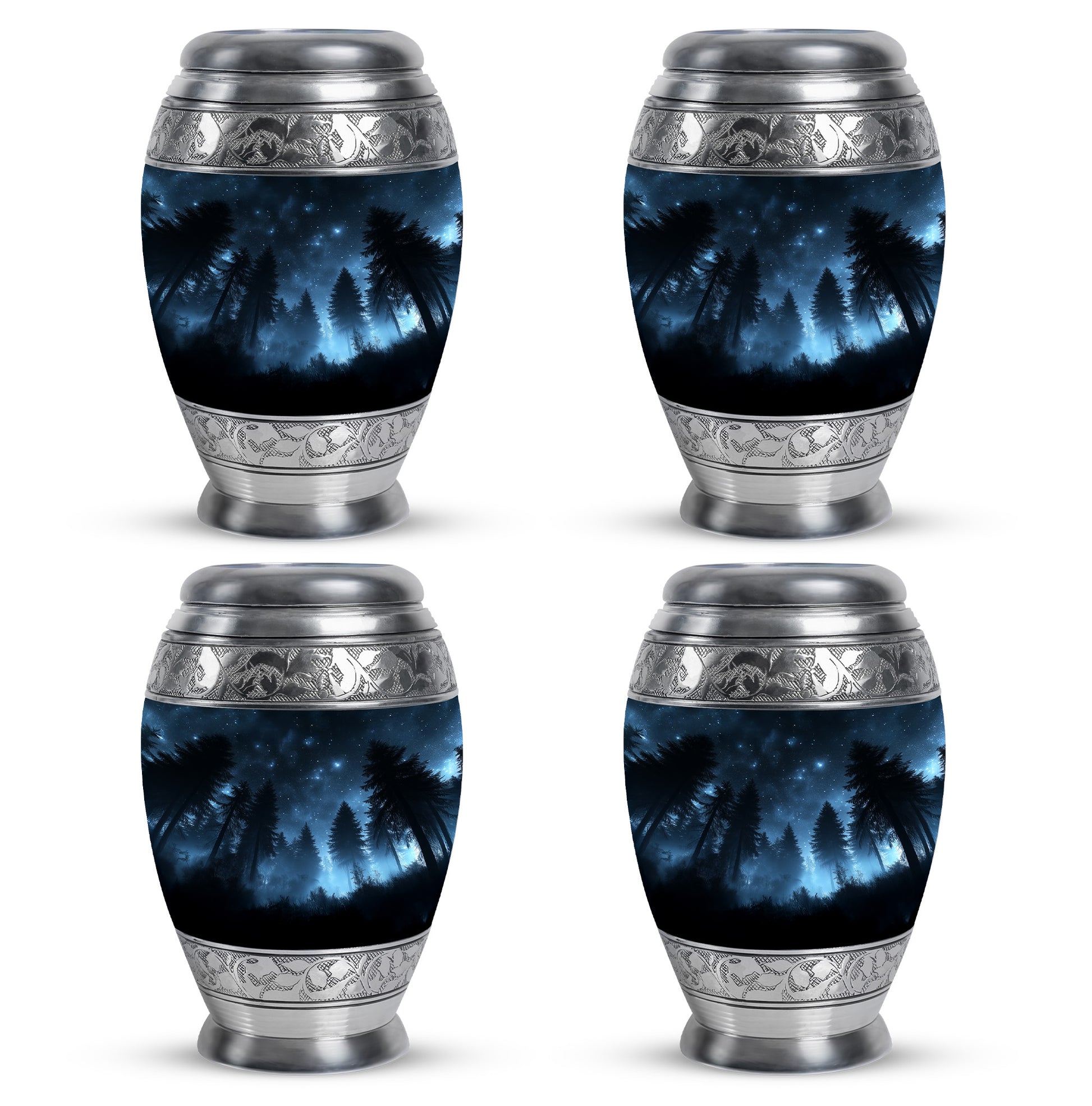 Obsidian Black Blue Cremation Urn urn with complimentary velvet bag - royal blue engraving with decorative scrollwork - 10 inch aluminum urn for cremated remains
