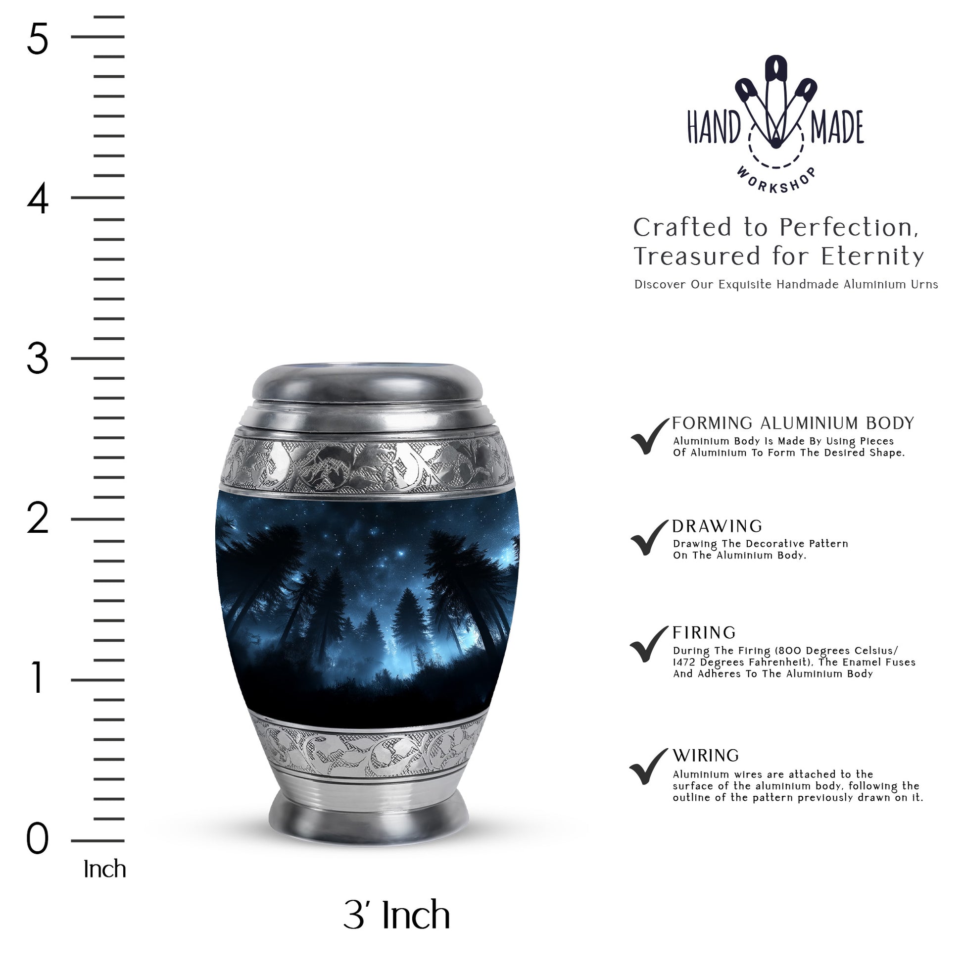 Midnight Black Blue Cremation Urn lifestyle display on memorial shelf - majestic blue pattern with filigree border - mini keepsake memorial for portion of cremation ashes