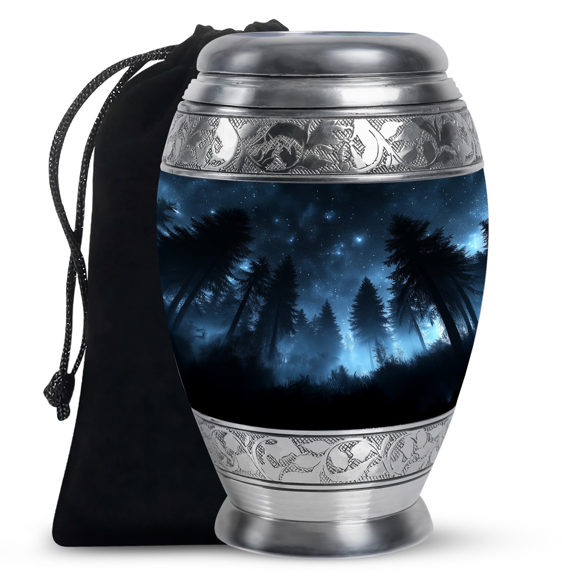 Jet Black Blue Cremation Urn back view with polished surface - ornate monarch-style blue relief on brushed aluminum - full-size 10 inch 200 cubic inch adult cremation urn