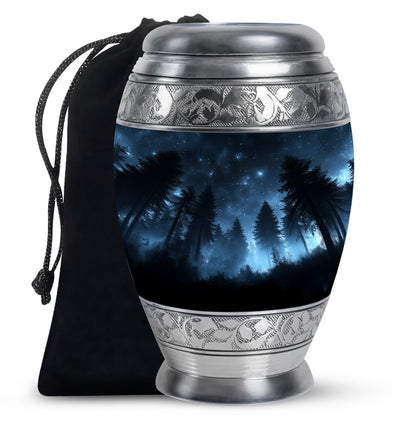 Jet Black Blue Cremation Urn back view with polished surface - ornate monarch-style blue relief on brushed aluminum - full-size 10 inch 200 cubic inch adult cremation urn