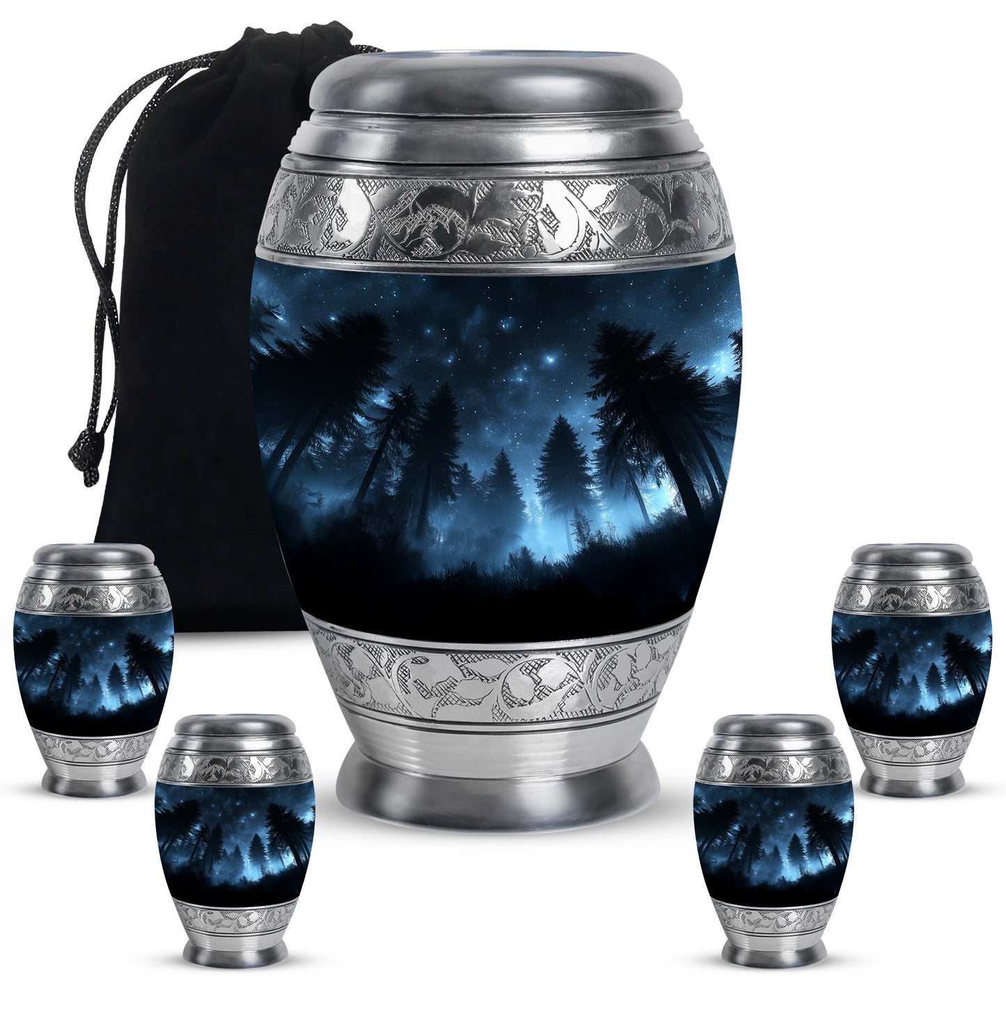 Deep Black Blue Cremation Urn detail view - ornate monarch-style blue relief on brushed aluminum - memorial set with one large and four small urns