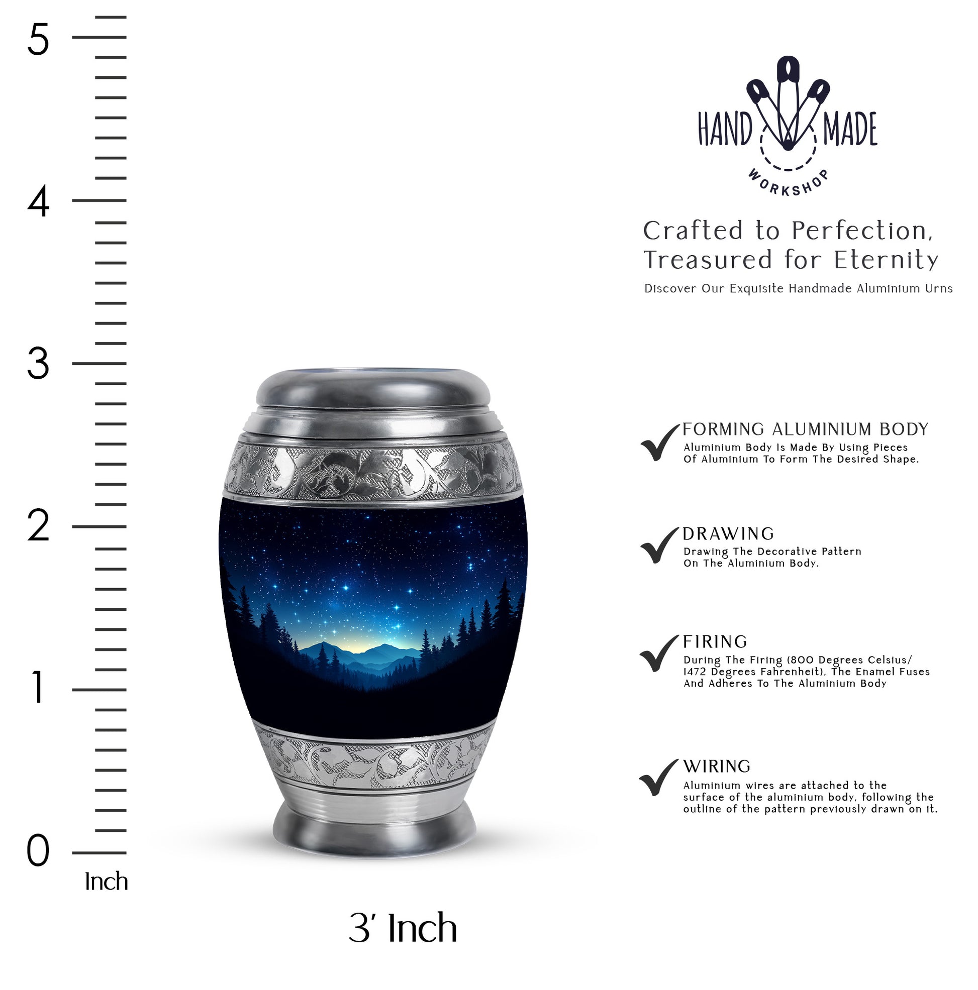 Dark Black Blue Cremation Urn lifestyle display on memorial shelf - majestic blue pattern with filigree border - mini keepsake memorial for portion of cremation ashes