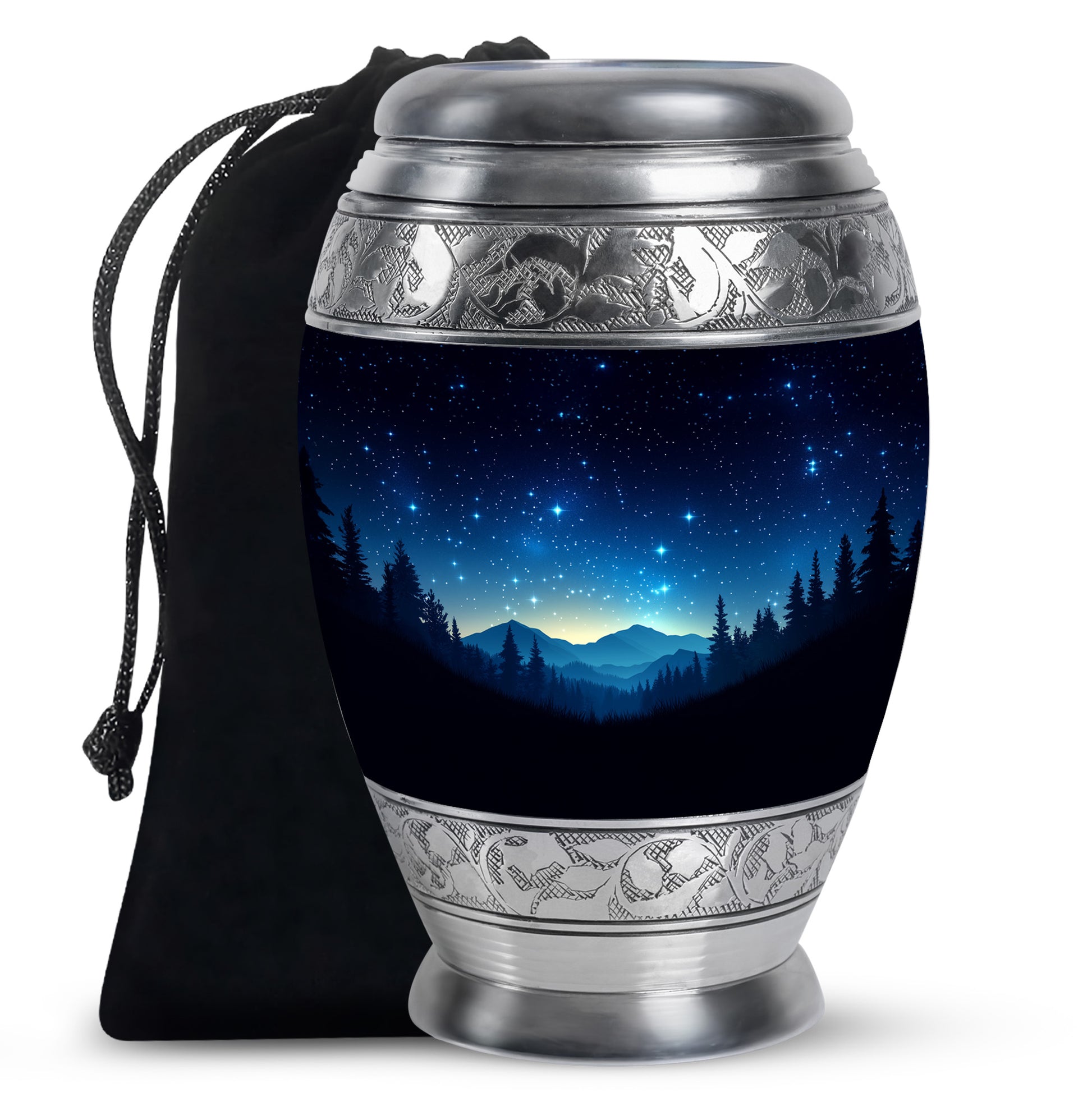 Midnight Black Blue Cremation Urn back view with polished surface - majestic blue pattern with filigree border - full-size 10 inch 200 cubic inch adult cremation urn