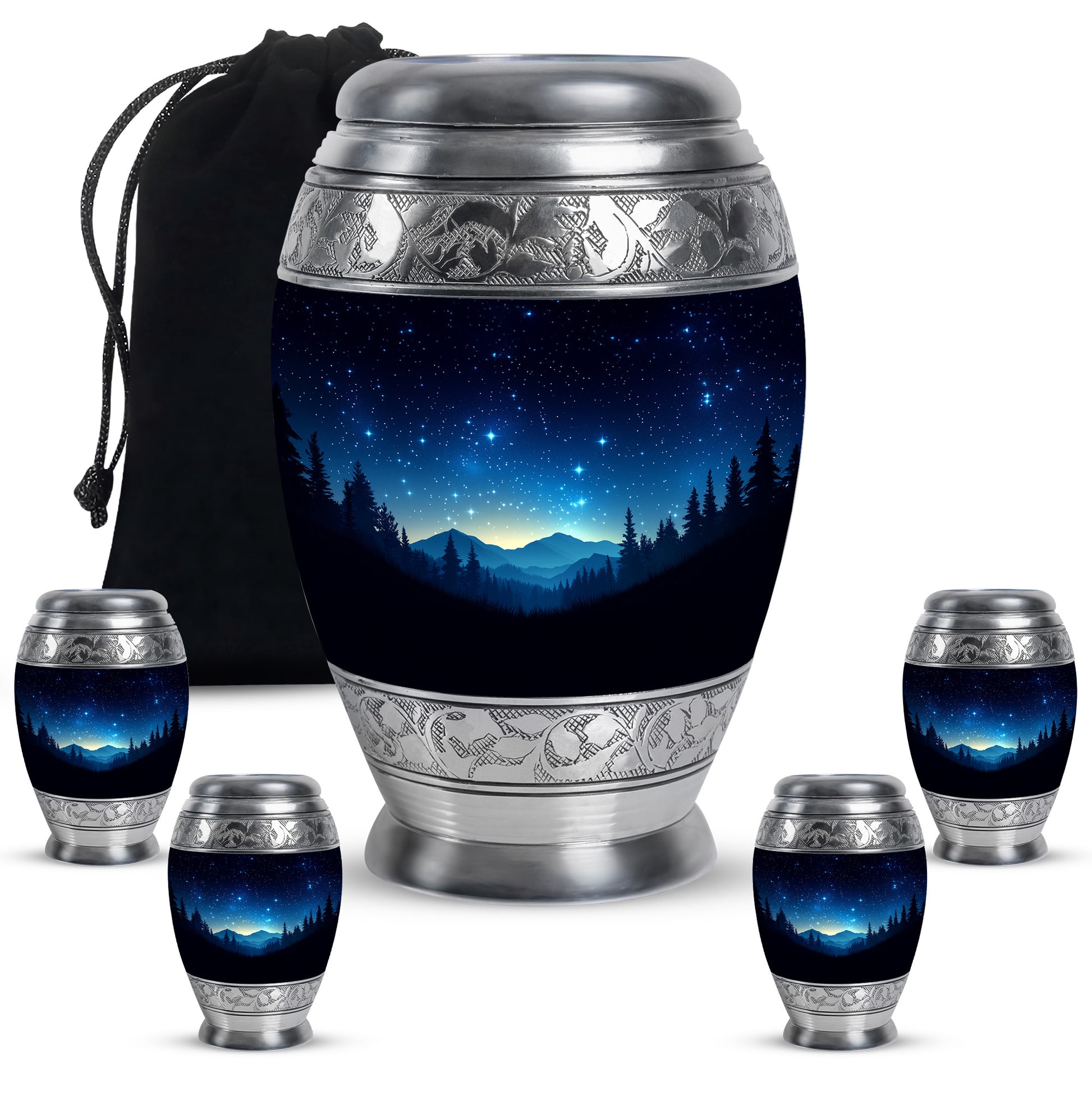 Jet Black Blue Cremation Urn detail view - ornate monarch-style blue relief on brushed aluminum - memorial set with one large and four small urns