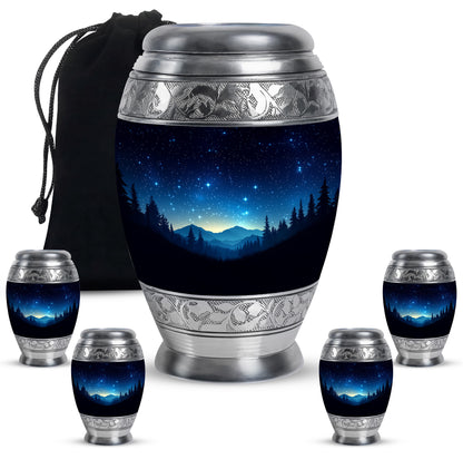 Jet Black Blue Cremation Urn detail view - ornate monarch-style blue relief on brushed aluminum - memorial set with one large and four small urns