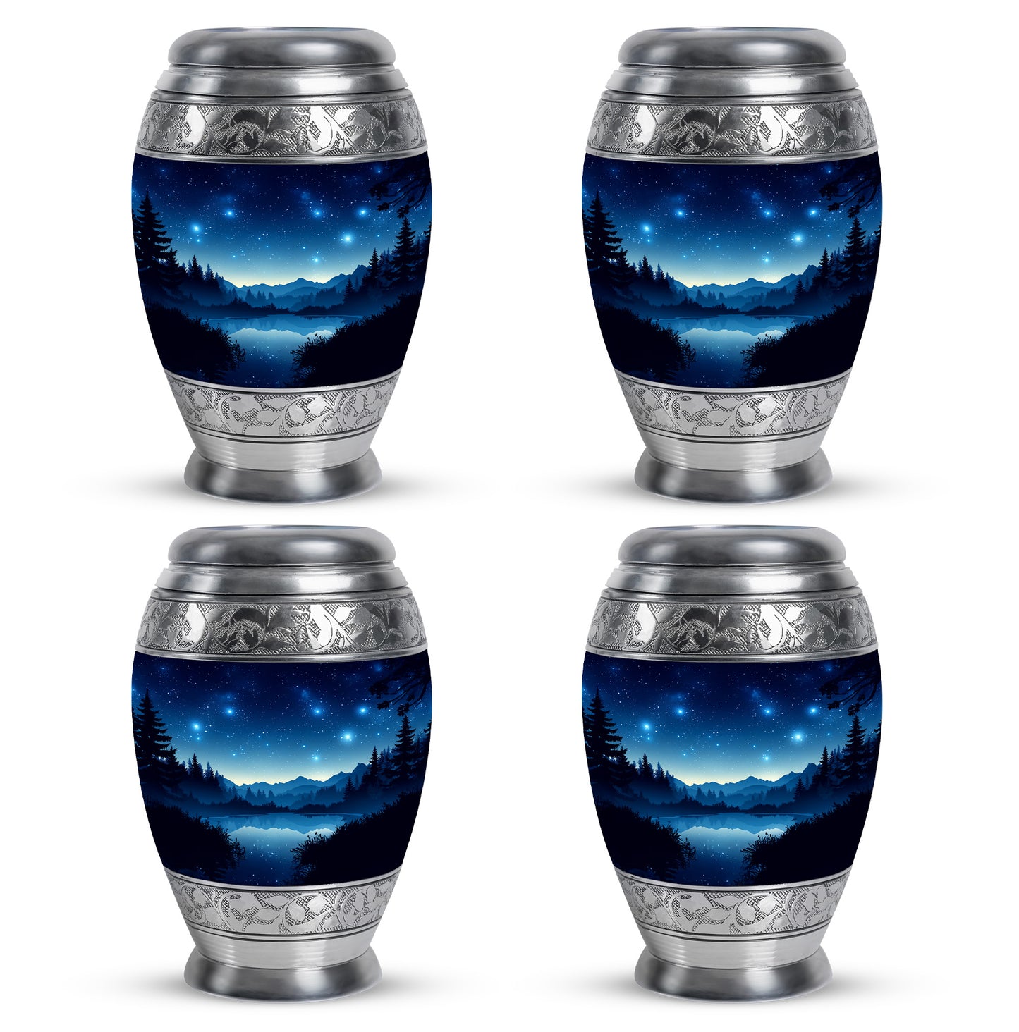 Serene Blue Blue Cremation Urn urn with complimentary velvet bag - majestic blue pattern with filigree border - 10 inch aluminum urn for cremated remains