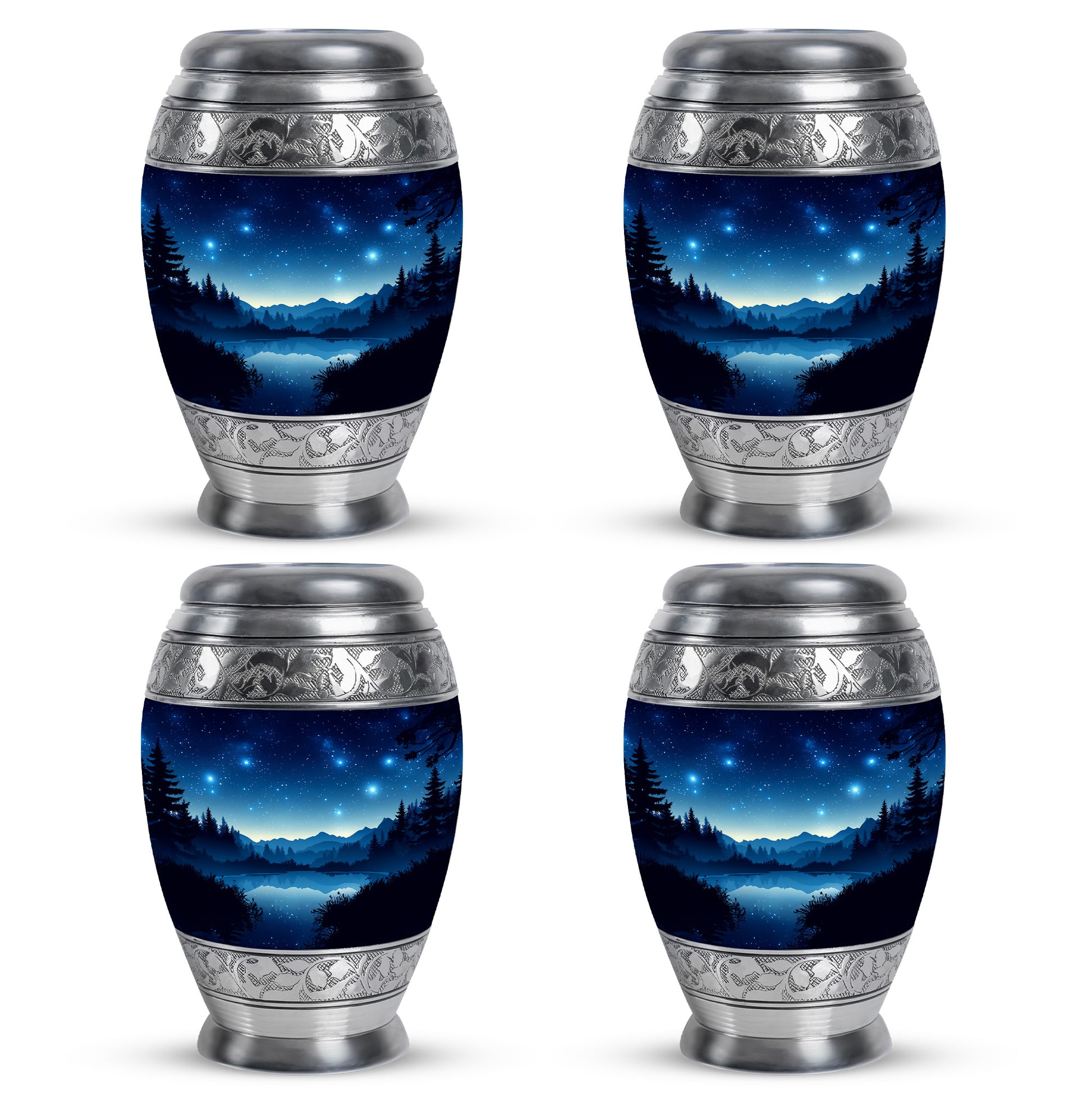 Serene Blue Blue Cremation Urn urn with complimentary velvet bag - majestic blue pattern with filigree border - 10 inch aluminum urn for cremated remains