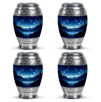 Serene Blue Blue Cremation Urn urn with complimentary velvet bag - majestic blue pattern with filigree border - 10 inch aluminum urn for cremated remains