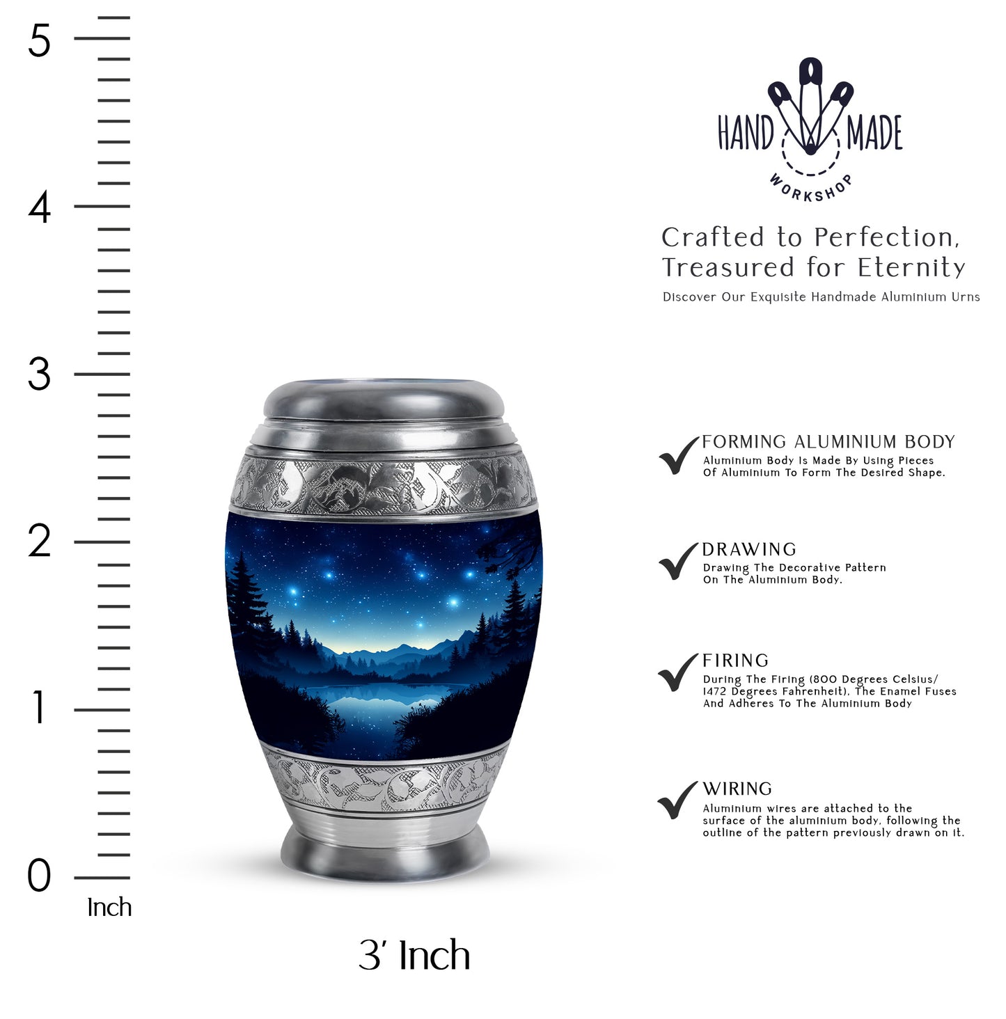 Cornflower Blue Blue Cremation Urn lifestyle display on memorial shelf - royal blue engraving with decorative scrollwork - mini keepsake memorial for portion of cremation ashes