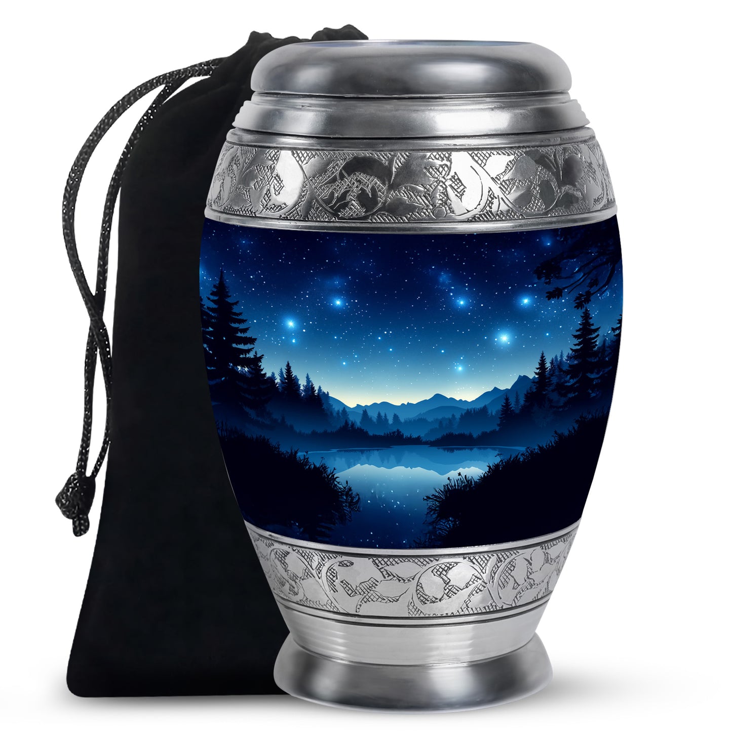 Royal Blue Blue Cremation Urn back view with polished surface - majestic blue pattern with filigree border - full-size 10 inch 200 cubic inch adult cremation urn
