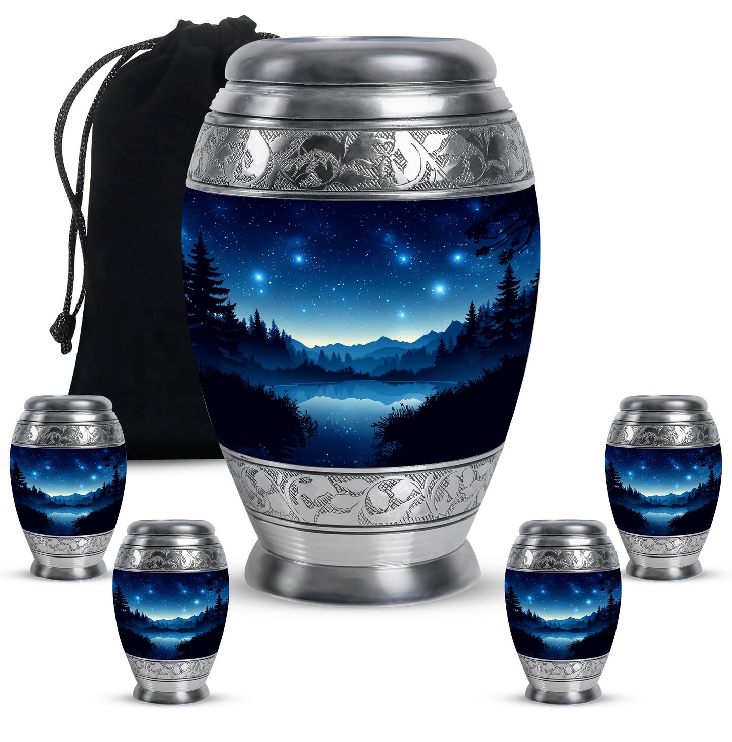 Indigo Blue Cremation Urn detail view - ornate monarch-style blue relief on brushed aluminum - memorial set with one large and four small urns