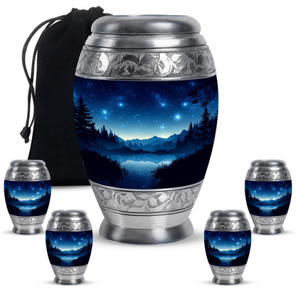 Indigo Blue Cremation Urn detail view - ornate monarch-style blue relief on brushed aluminum - memorial set with one large and four small urns