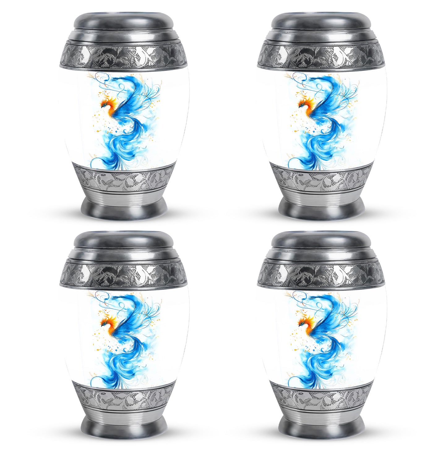 Polished Silver Blue Cremation Urn urn with complimentary velvet bag - royal blue engraving with decorative scrollwork - 10 inch aluminum urn for cremated remains