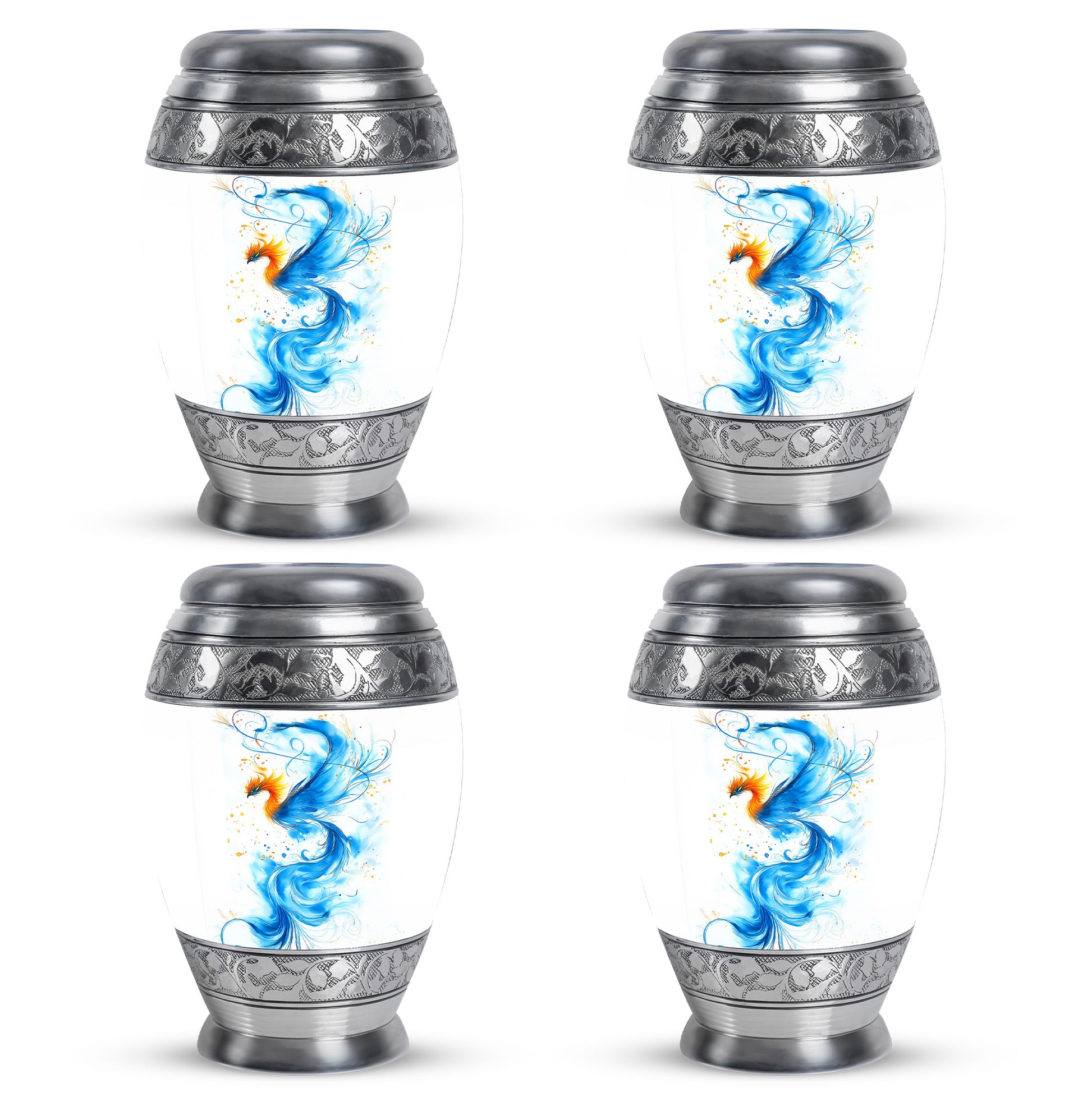 Polished Silver Blue Cremation Urn urn with complimentary velvet bag - royal blue engraving with decorative scrollwork - 10 inch aluminum urn for cremated remains