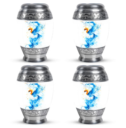 Polished Silver Blue Cremation Urn urn with complimentary velvet bag - royal blue engraving with decorative scrollwork - 10 inch aluminum urn for cremated remains