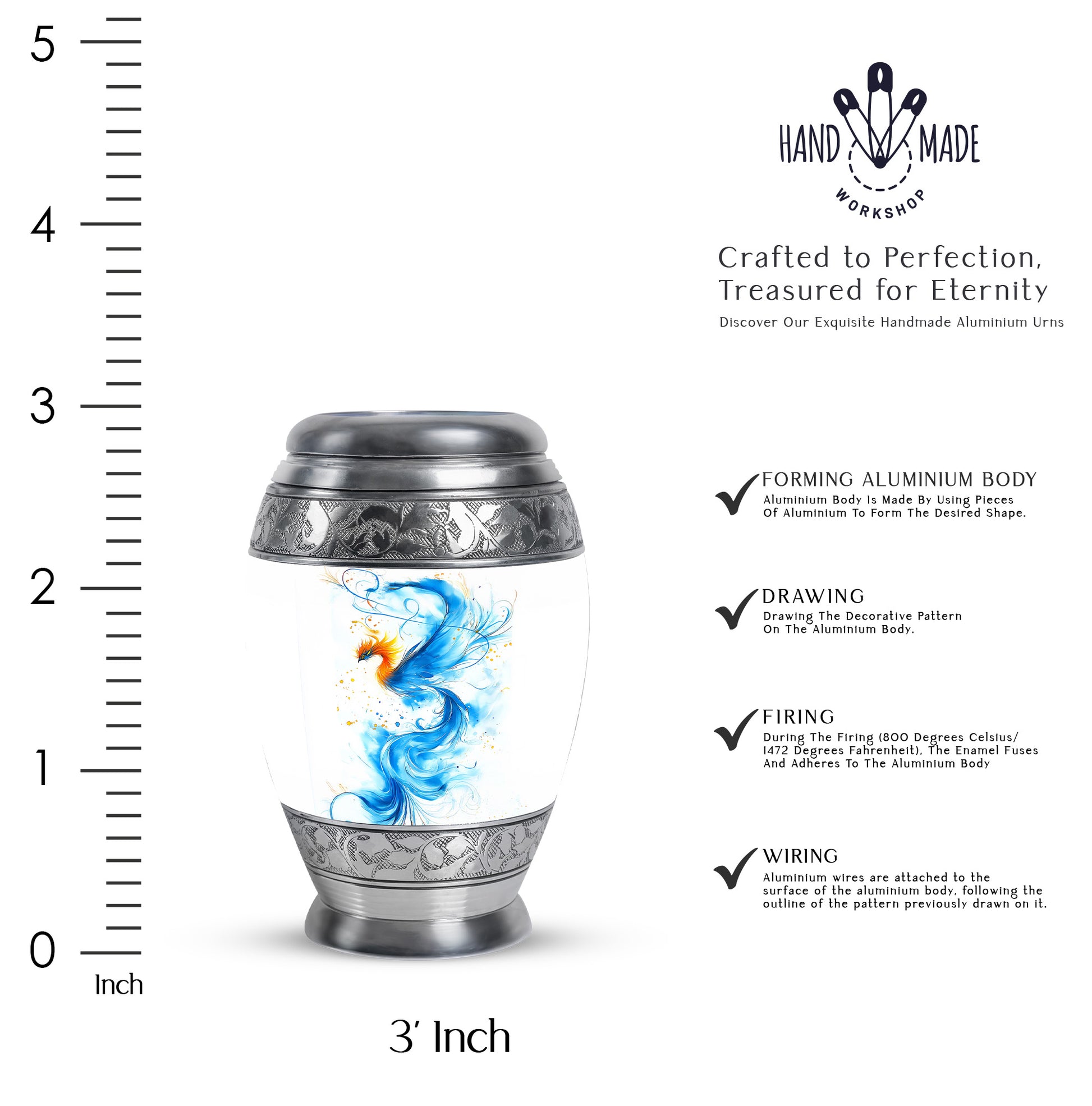 Polished Silver Blue Cremation Urn lifestyle display on memorial shelf - majestic blue pattern with filigree border - mini keepsake memorial for portion of cremation ashes