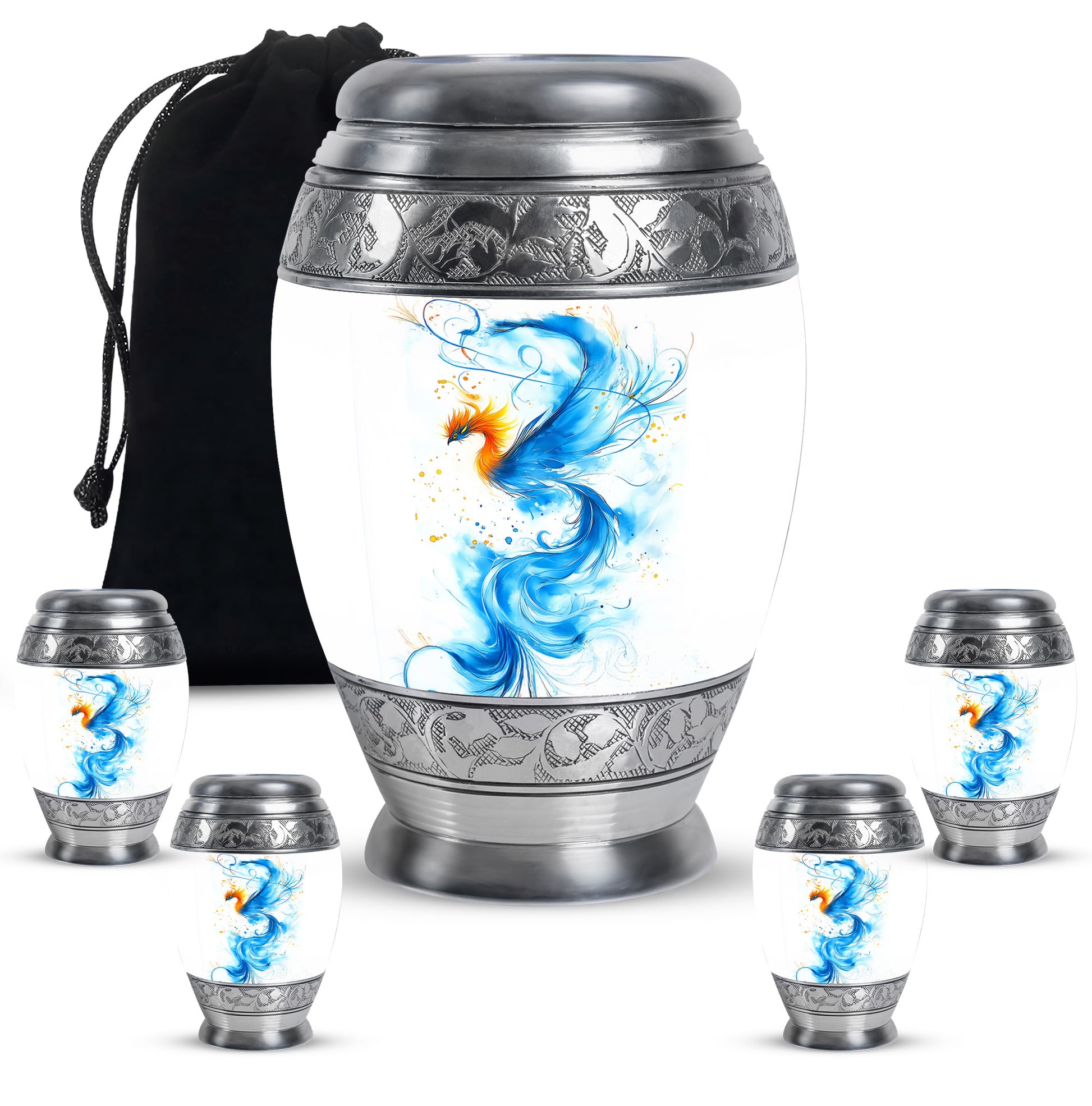 Antique Silver Blue Cremation Urn detail view - majestic blue pattern with filigree border - memorial set with one large and four small urns