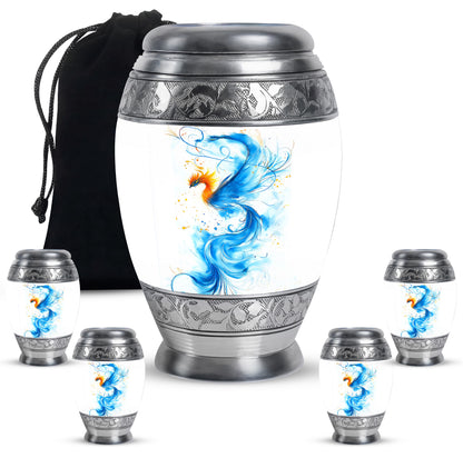 Antique Silver Blue Cremation Urn detail view - majestic blue pattern with filigree border - memorial set with one large and four small urns