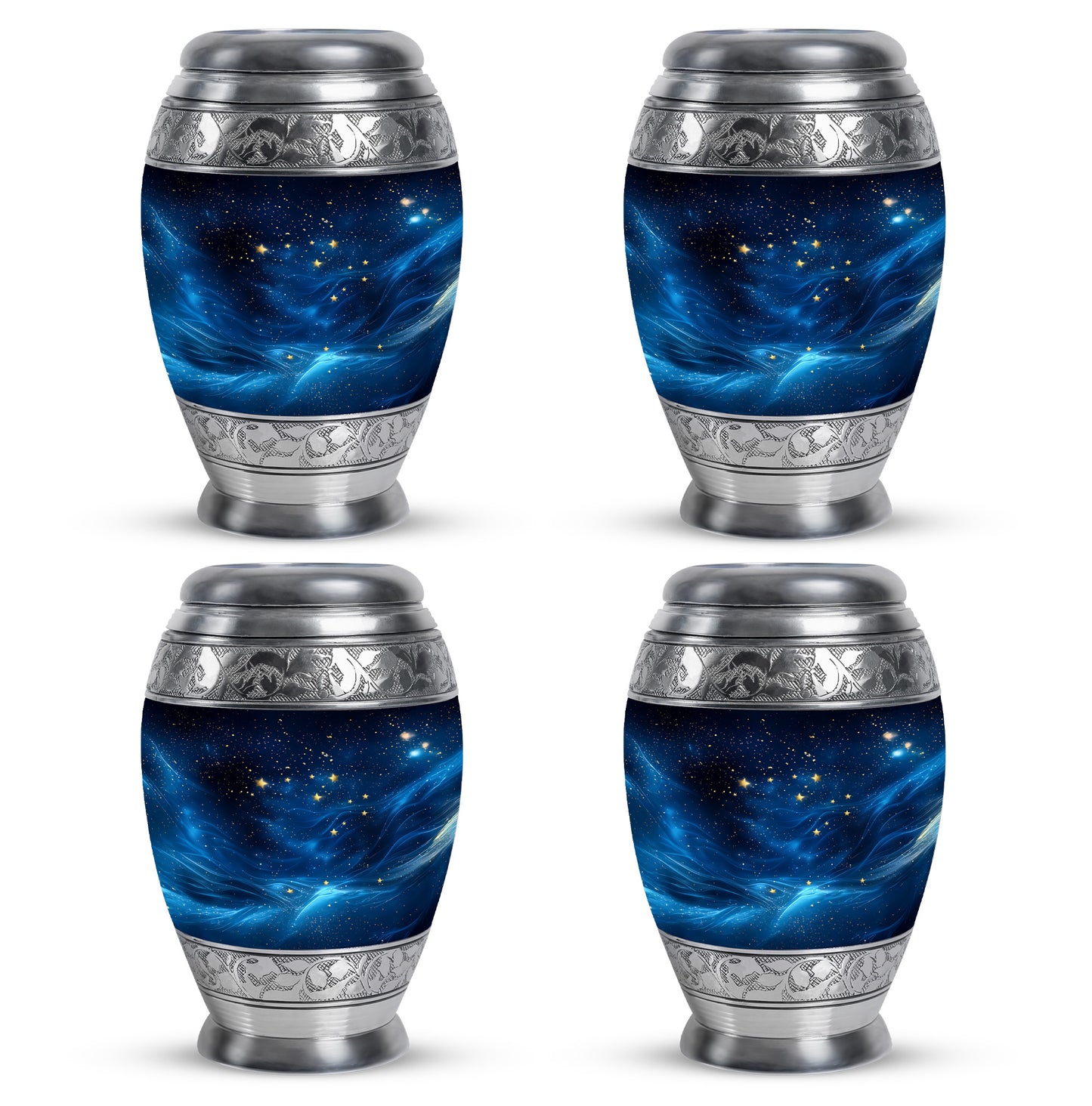 Charcoal Black Blue Cremation Urn urn with complimentary velvet bag - majestic blue pattern with filigree border - 10 inch aluminum urn for cremated remains