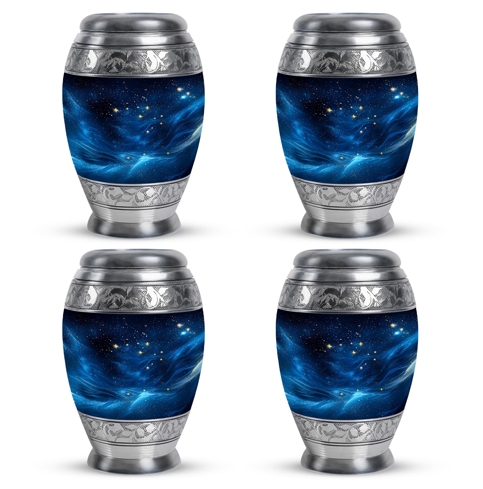Charcoal Black Blue Cremation Urn urn with complimentary velvet bag - majestic blue pattern with filigree border - 10 inch aluminum urn for cremated remains
