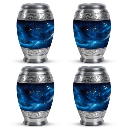 Charcoal Black Blue Cremation Urn urn with complimentary velvet bag - majestic blue pattern with filigree border - 10 inch aluminum urn for cremated remains