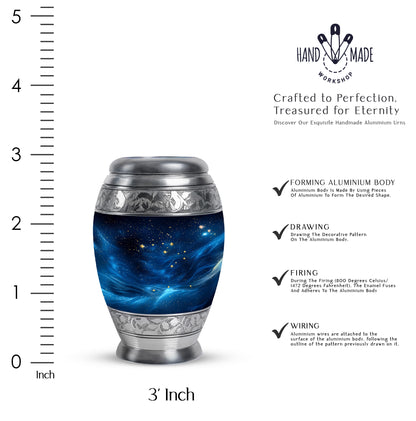Midnight Black Blue Cremation Urn lifestyle display on memorial shelf - royal blue engraving with decorative scrollwork - mini keepsake memorial for portion of cremation ashes
