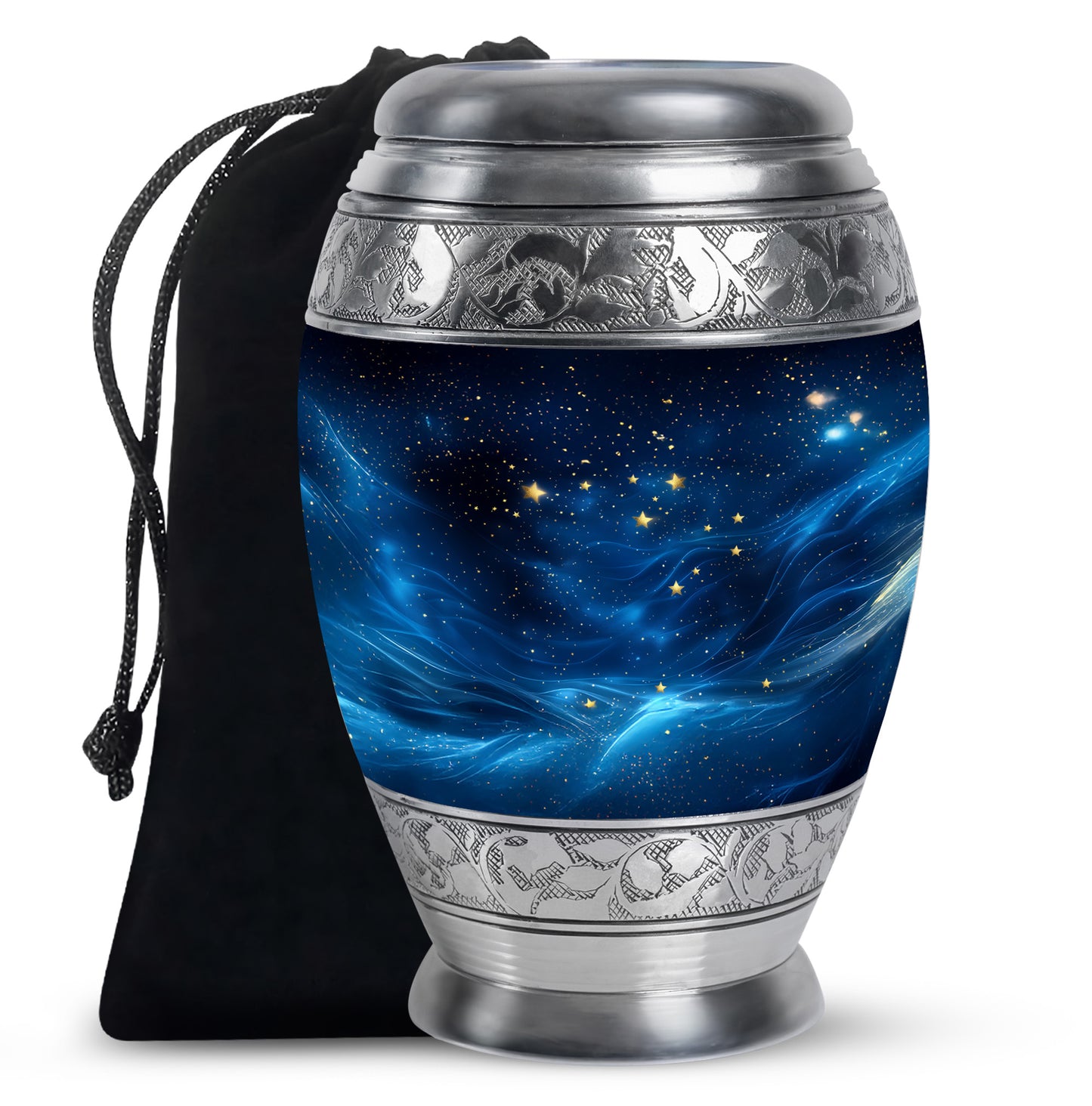Glossy Black Blue Cremation Urn back view with polished surface - ornate monarch-style blue relief on brushed aluminum - full-size 10 inch 200 cubic inch adult cremation urn