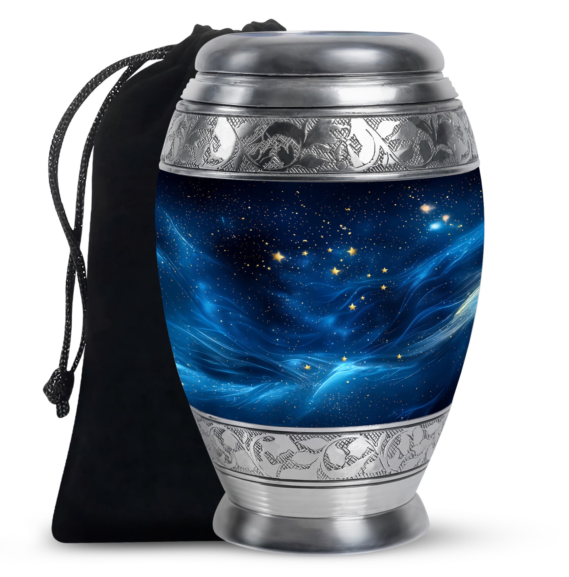 Glossy Black Blue Cremation Urn back view with polished surface - ornate monarch-style blue relief on brushed aluminum - full-size 10 inch 200 cubic inch adult cremation urn