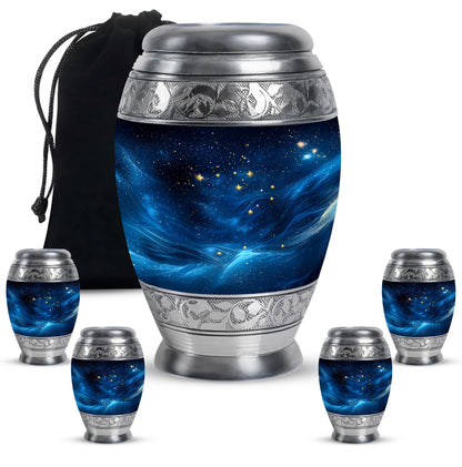Onyx Black Blue Cremation Urn detail view - majestic blue pattern with filigree border - memorial set with one large and four small urns