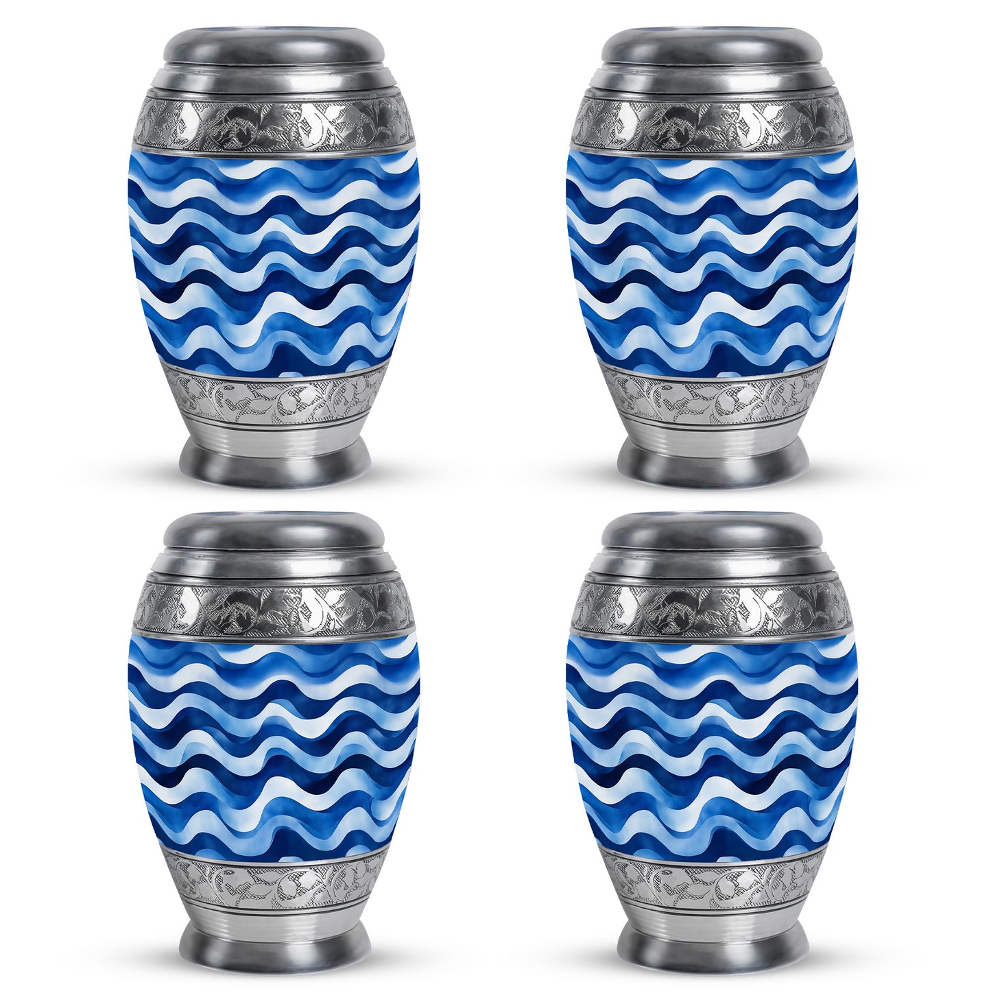 Powder Blue Blue Cremation Urn urn with complimentary velvet bag - ornate monarch-style blue relief on brushed aluminum - 10 inch aluminum urn for cremated remains