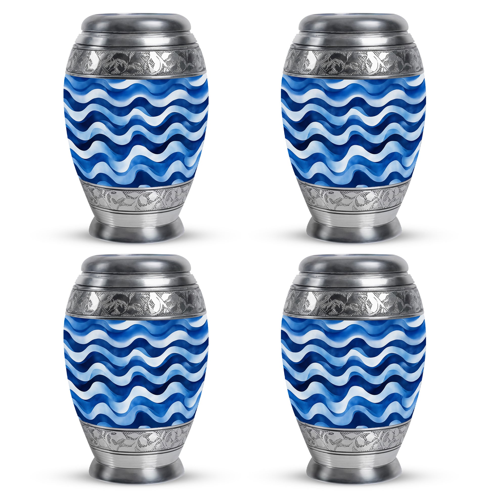 Powder Blue Blue Cremation Urn urn with complimentary velvet bag - ornate monarch-style blue relief on brushed aluminum - 10 inch aluminum urn for cremated remains