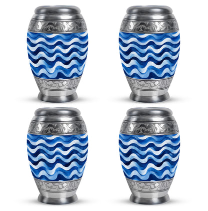 Powder Blue Blue Cremation Urn urn with complimentary velvet bag - ornate monarch-style blue relief on brushed aluminum - 10 inch aluminum urn for cremated remains