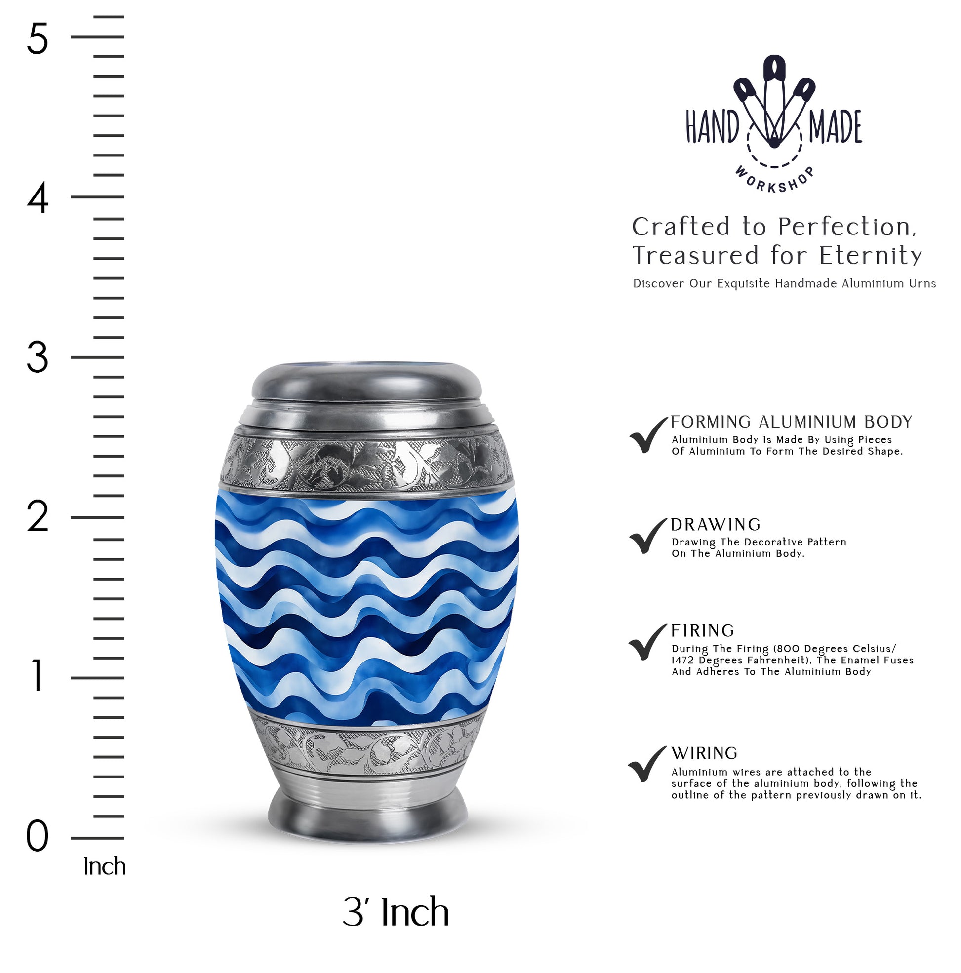 Serene Blue Blue Cremation Urn lifestyle display on memorial shelf - majestic blue pattern with filigree border - mini keepsake memorial for portion of cremation ashes