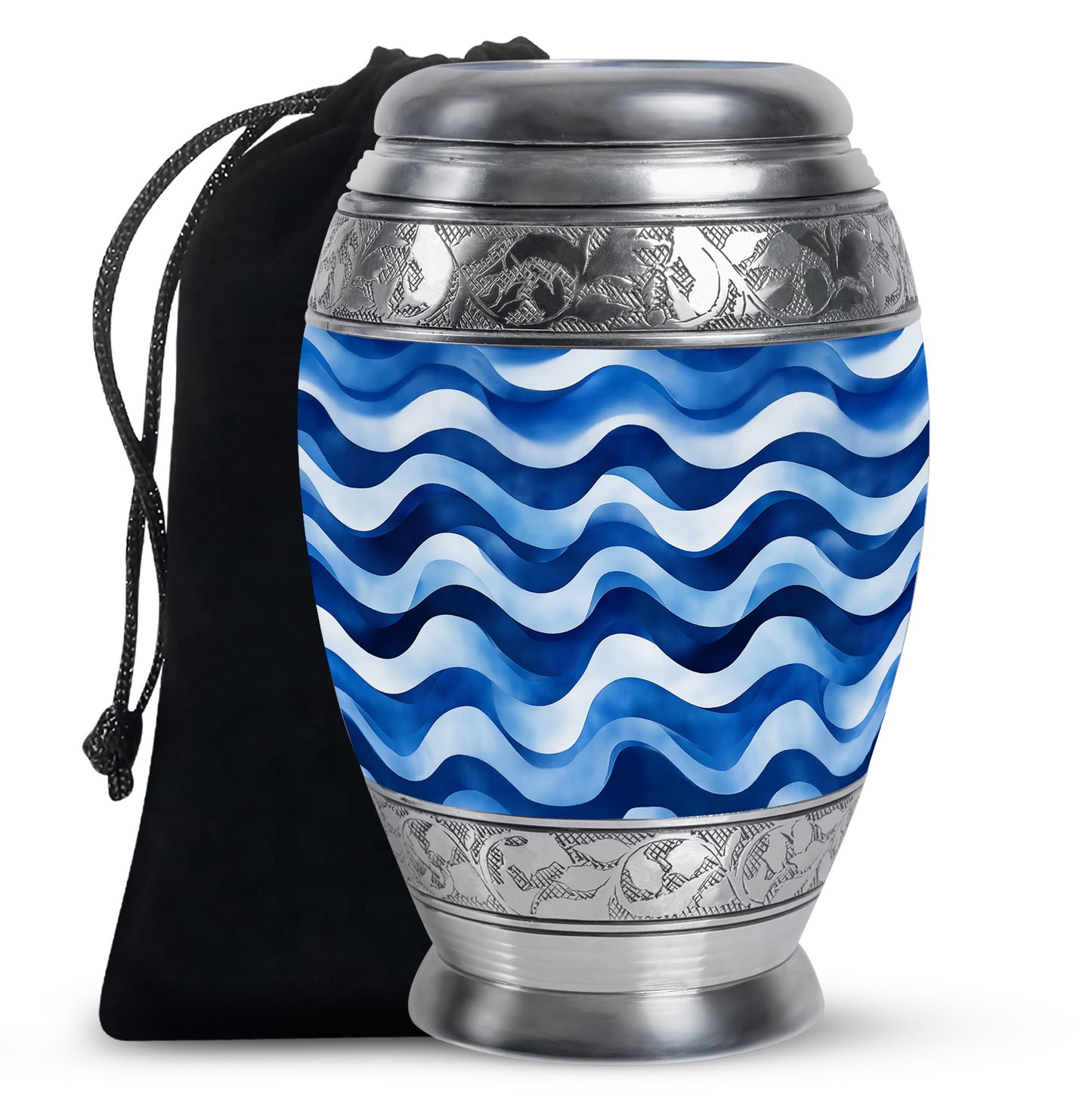 Icy Blue Blue Cremation Urn back view with polished surface - ornate monarch-style blue relief on brushed aluminum - full-size 10 inch 200 cubic inch adult cremation urn