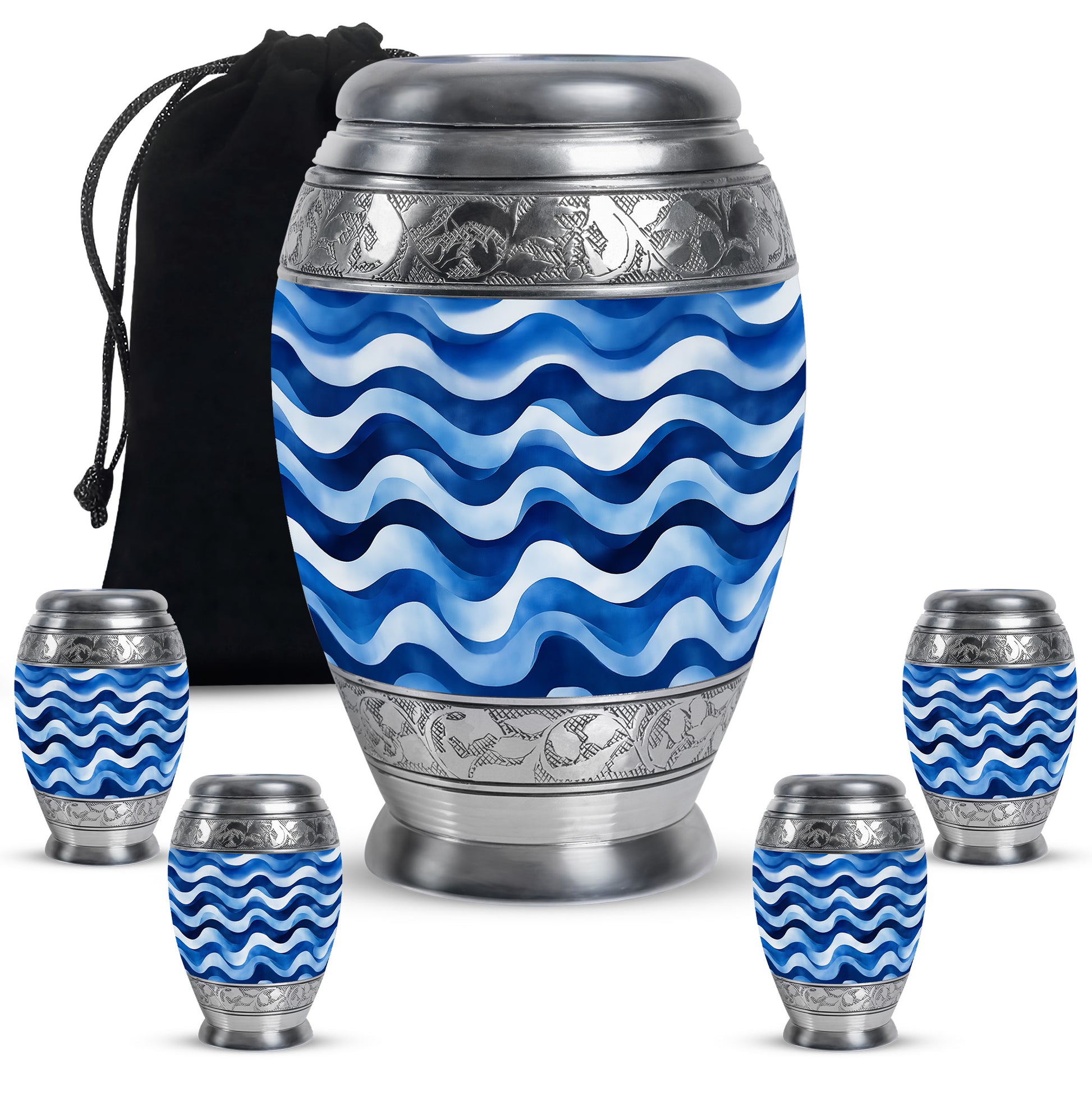 Pastel Blue Blue Cremation Urn detail view - ornate monarch-style blue relief on brushed aluminum - memorial set with one large and four small urns