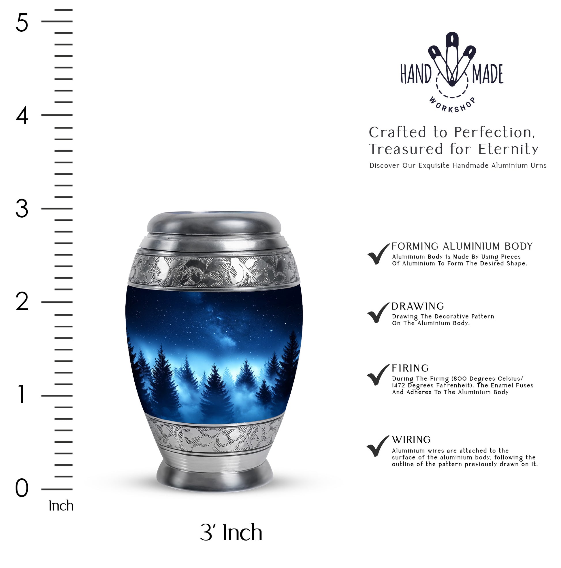 Royal Blue Blue Cremation Urn lifestyle display on memorial shelf - majestic blue pattern with filigree border - mini keepsake memorial for portion of cremation ashes
