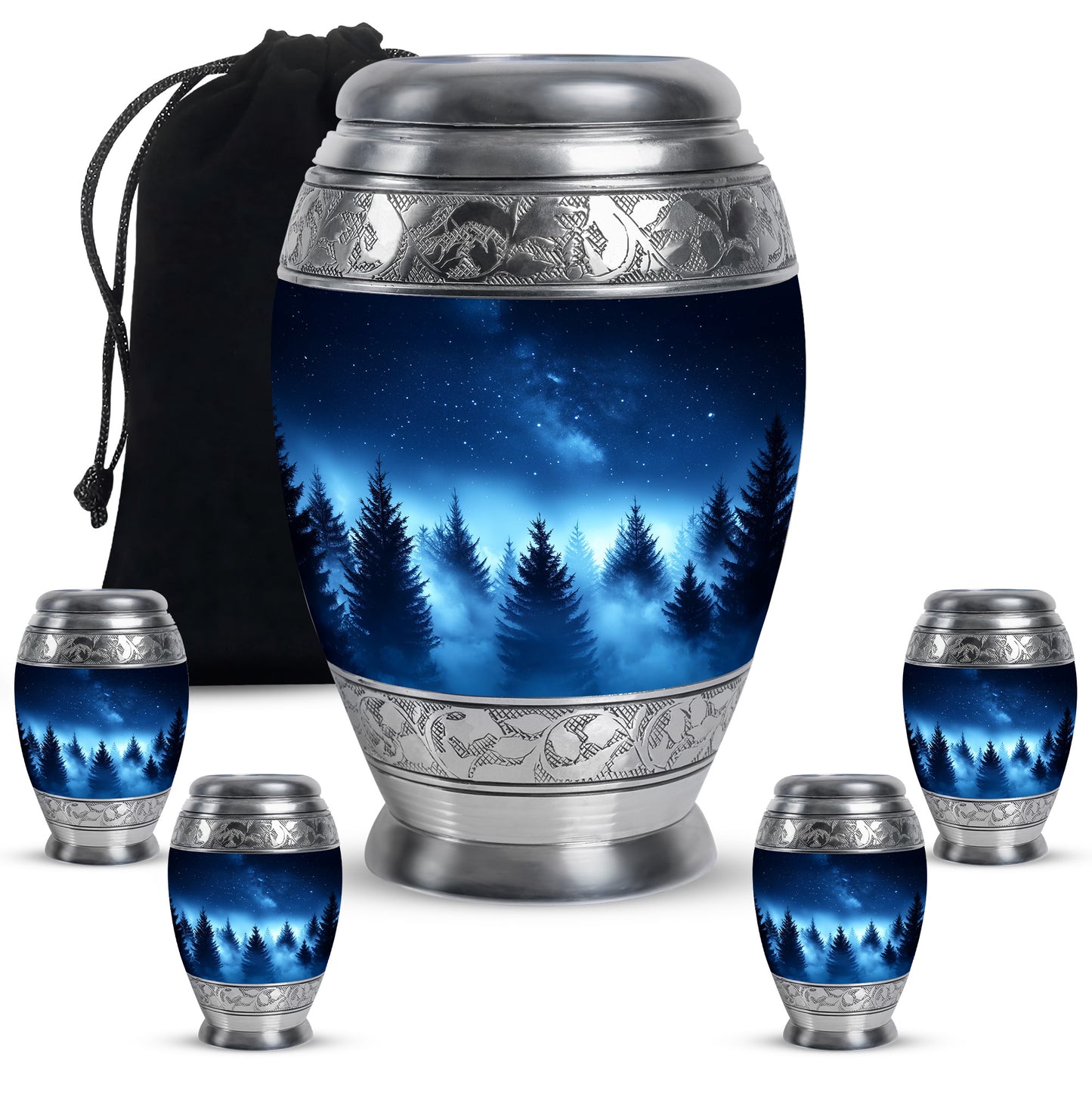 Twilight Blue Blue Cremation Urn detail view - royal blue engraving with decorative scrollwork - memorial set with one large and four small urns