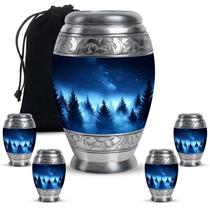 Twilight Blue Blue Cremation Urn detail view - royal blue engraving with decorative scrollwork - memorial set with one large and four small urns