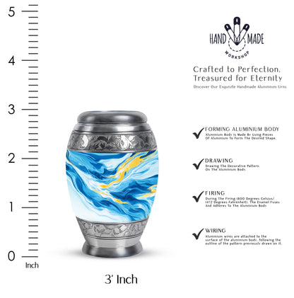 Royal Blue Blue Cremation Urn lifestyle display on memorial shelf - majestic blue pattern with filigree border - mini keepsake memorial for portion of cremation ashes