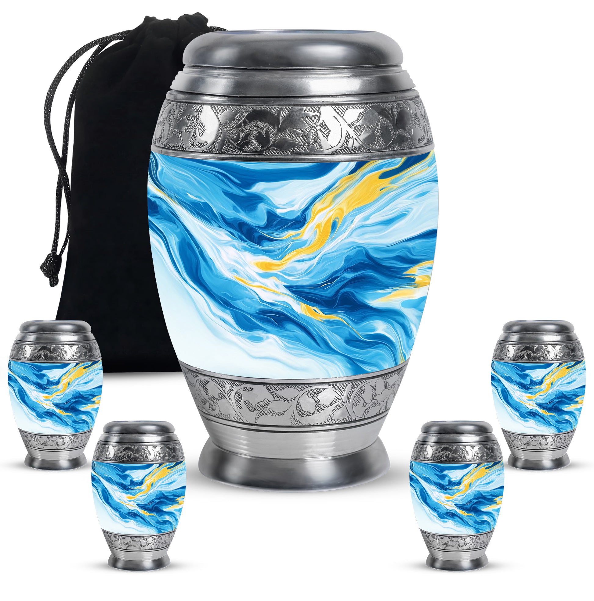 Serene Blue Blue Cremation Urn detail view - majestic blue pattern with filigree border - memorial set with one large and four small urns