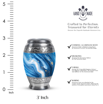 Serene Blue Blue Cremation Urn lifestyle display on memorial shelf - royal blue engraving with decorative scrollwork - mini keepsake memorial for portion of cremation ashes
